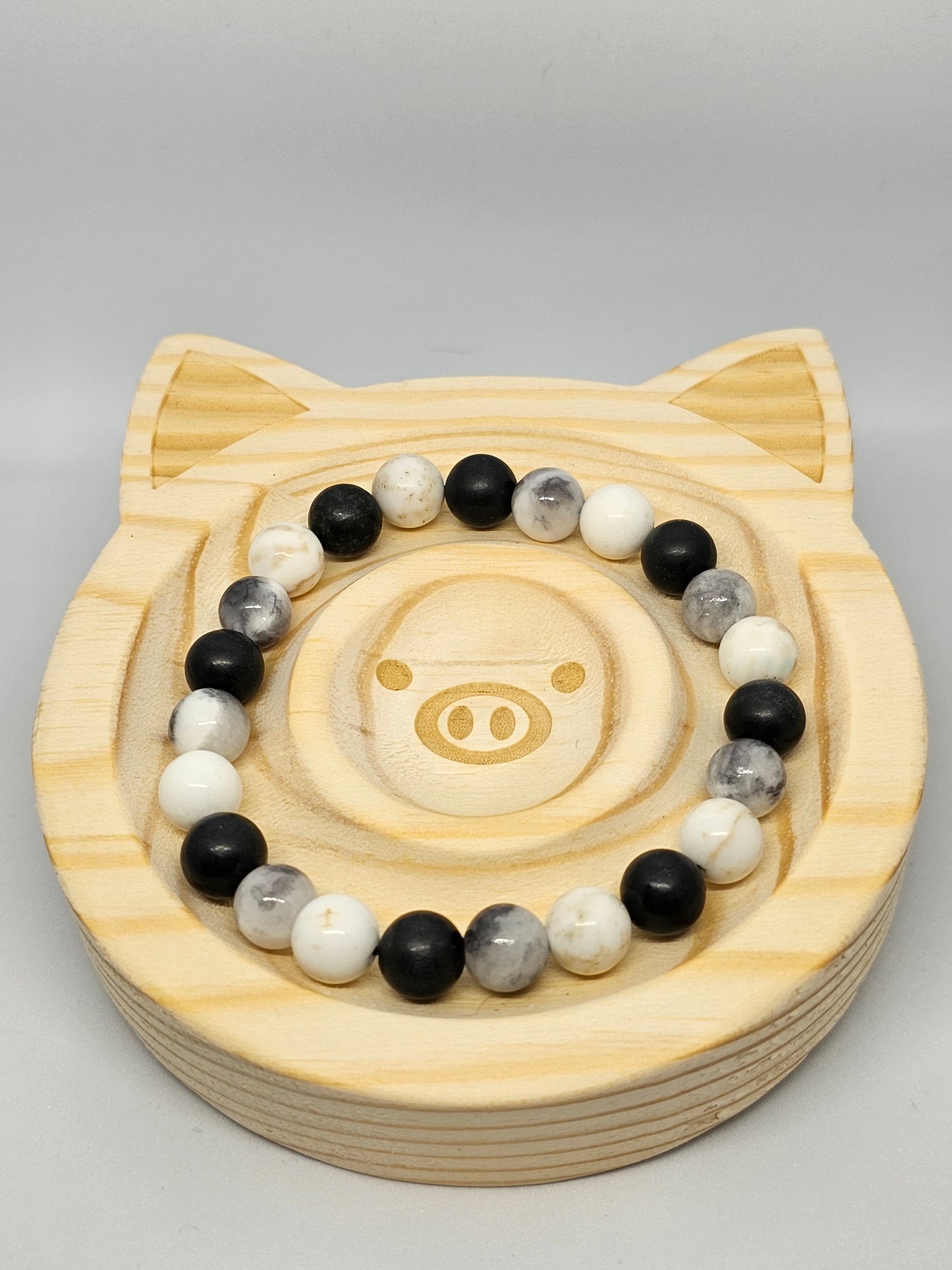 6.5" bracelet with 8mm crystal beads. Shungite, Magnesite & Cow Persian Jade.