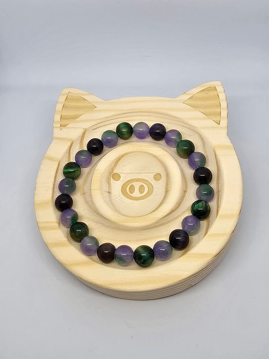 7" bracelet with 8mm crystal beads. Purple &amp; Green Tiger Eye, Grape Calcedony.